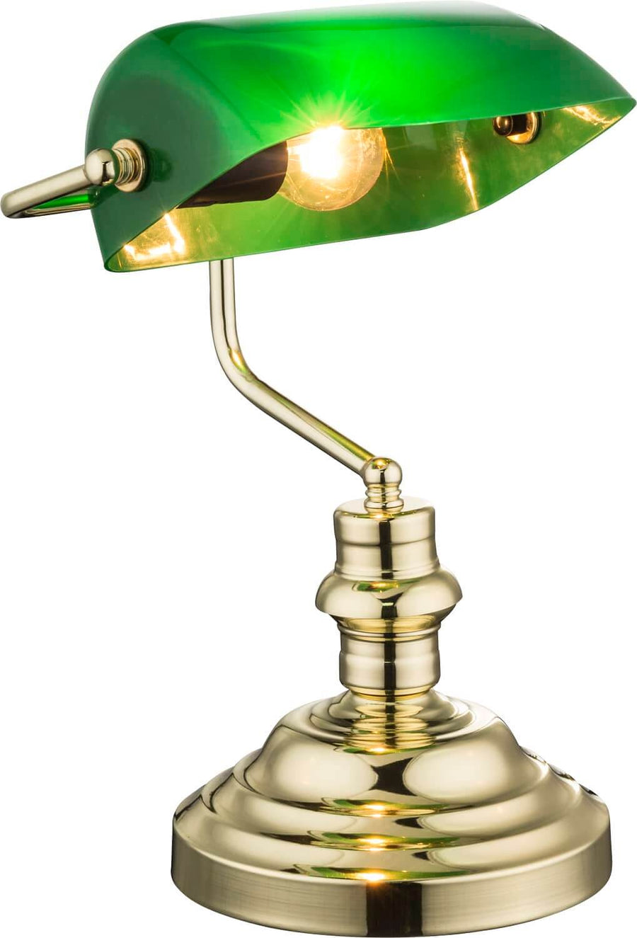 Même lampe verte et laiton, autre angle, dévoilant l'abat-jour et le socle.