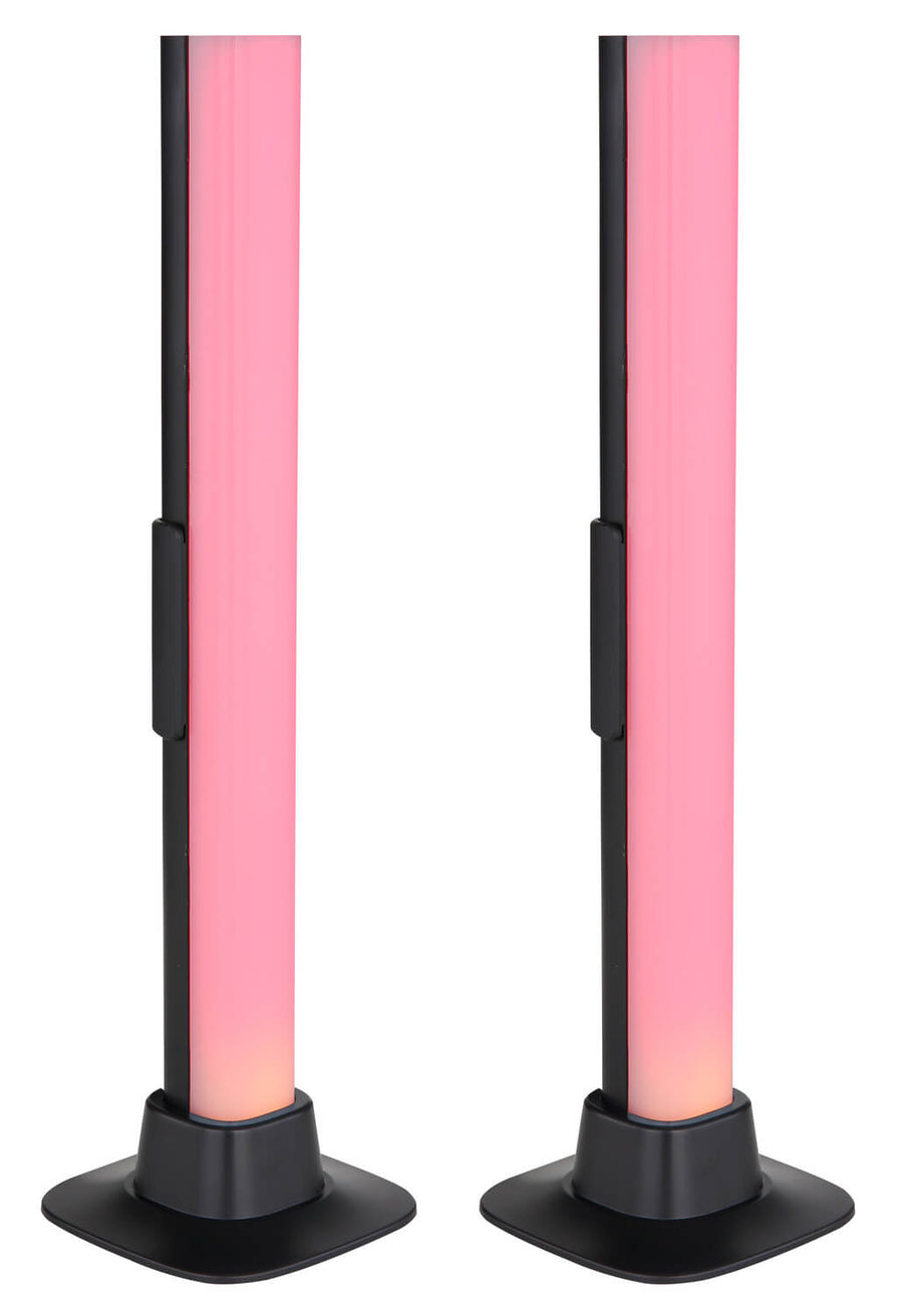 Détail des tubes affichant un dégradé rose et violet, base noire mate.