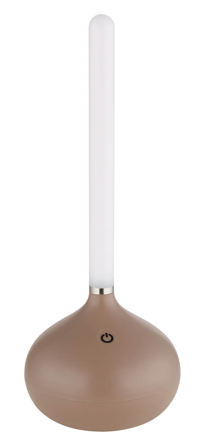 Produit éteint sur fond blanc, tube opalin blanc et base taupe arrondie.