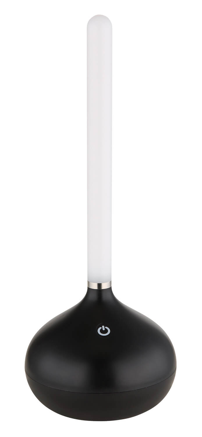 Lampe à poser noire mate avec tube blanc éteint, base arrondie et bouton tactile central.