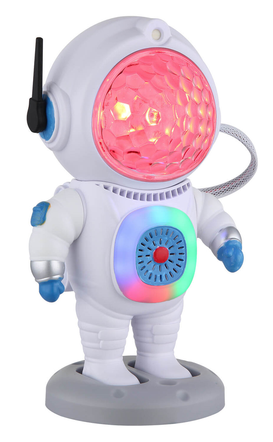 Gros plan sur le casque rouge et le torse lumineux multicolore de la lampe.