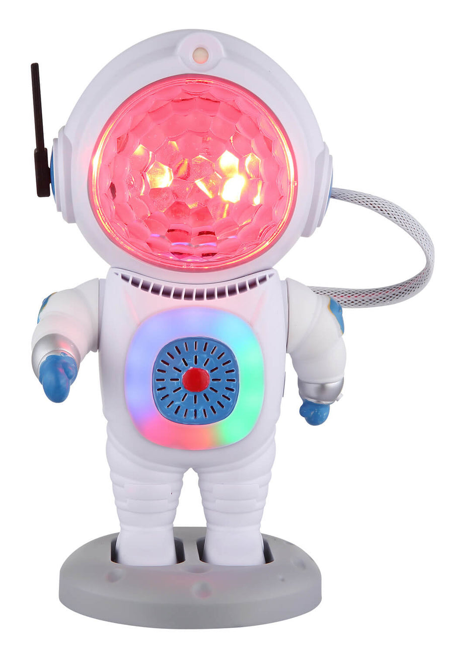 Vue avant de la lampe astronautique avec casque rouge et panneau ventral rétroéclairé.