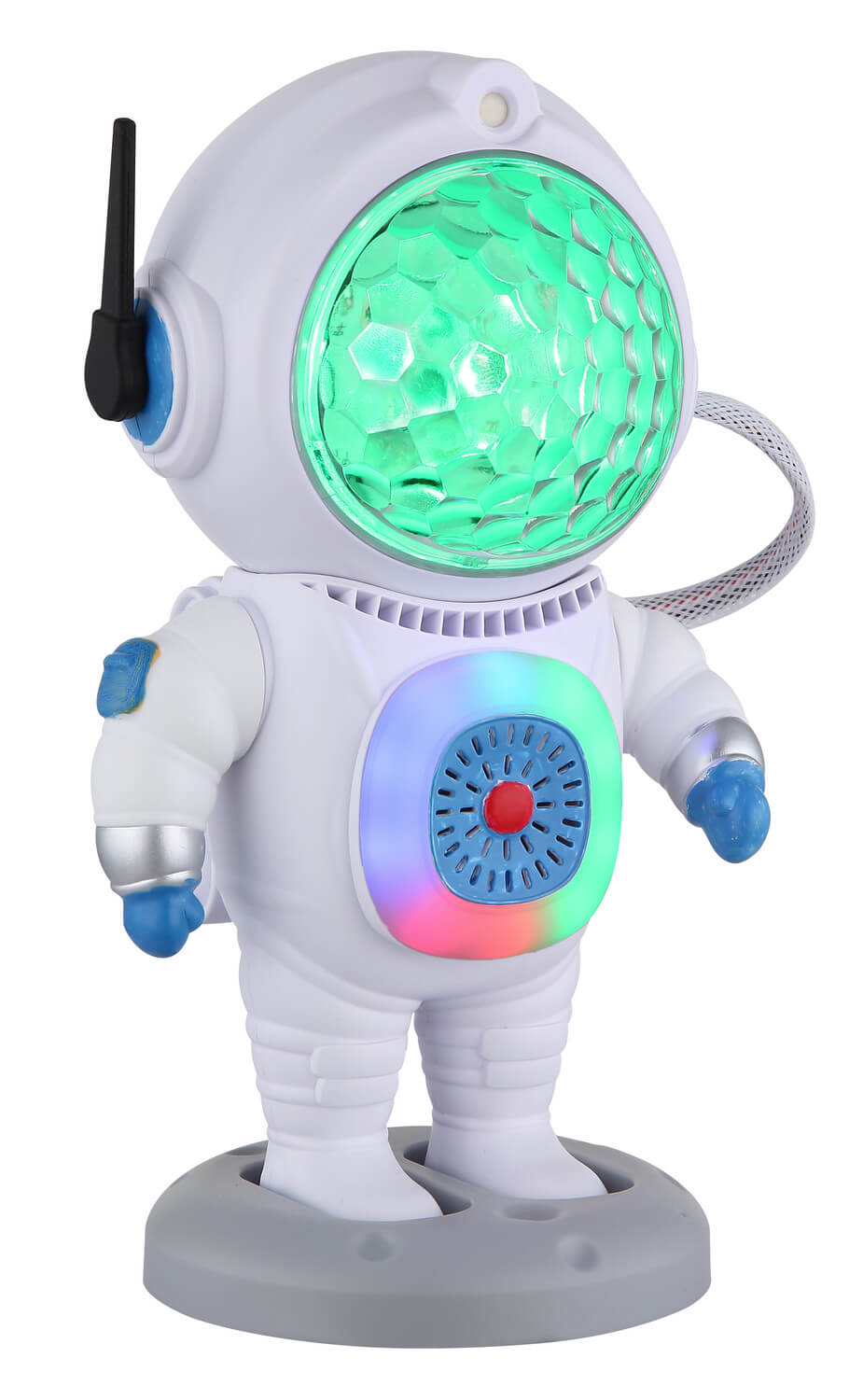 Lampe astronaute blanche avec casque vert et éclairage coloré, fond blanc.
