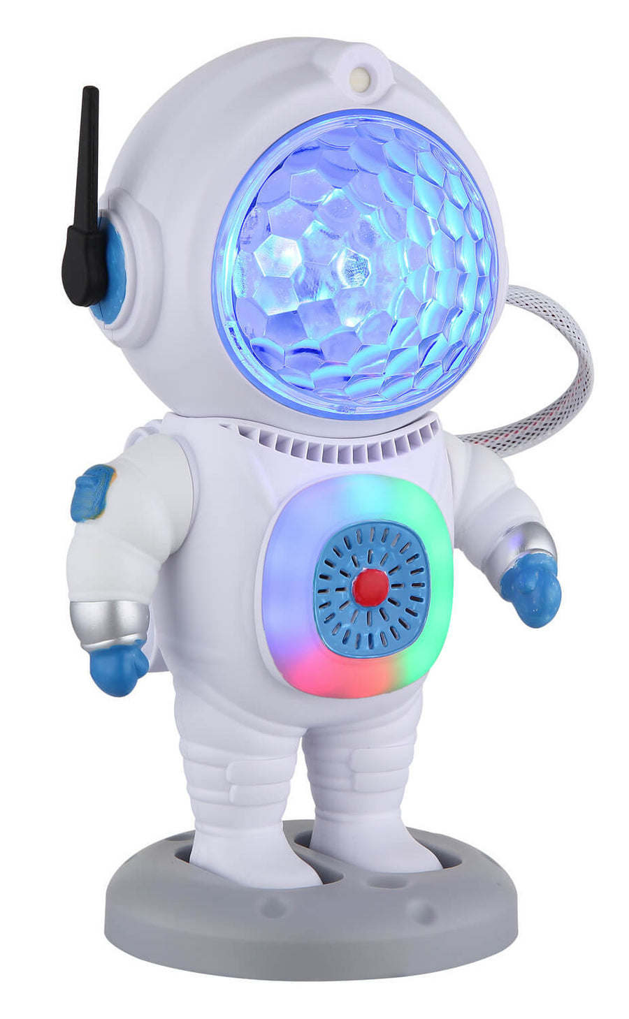 Lampe astronaute blanche avec casque bleu et détails bleus, vue de trois quarts.