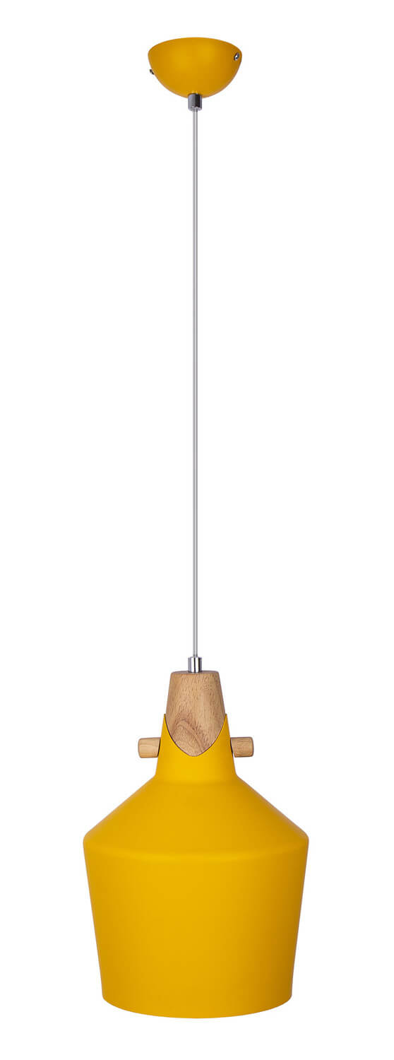 Vue rapprochée du luminaire jaune, détail de la coiffe en bois et du col.