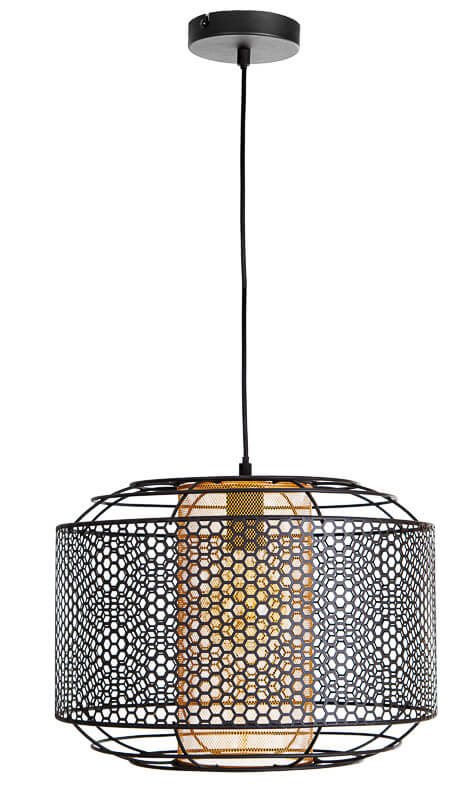Gros plan rapproché montrant la double grille métallique noire et laiton du luminaire
