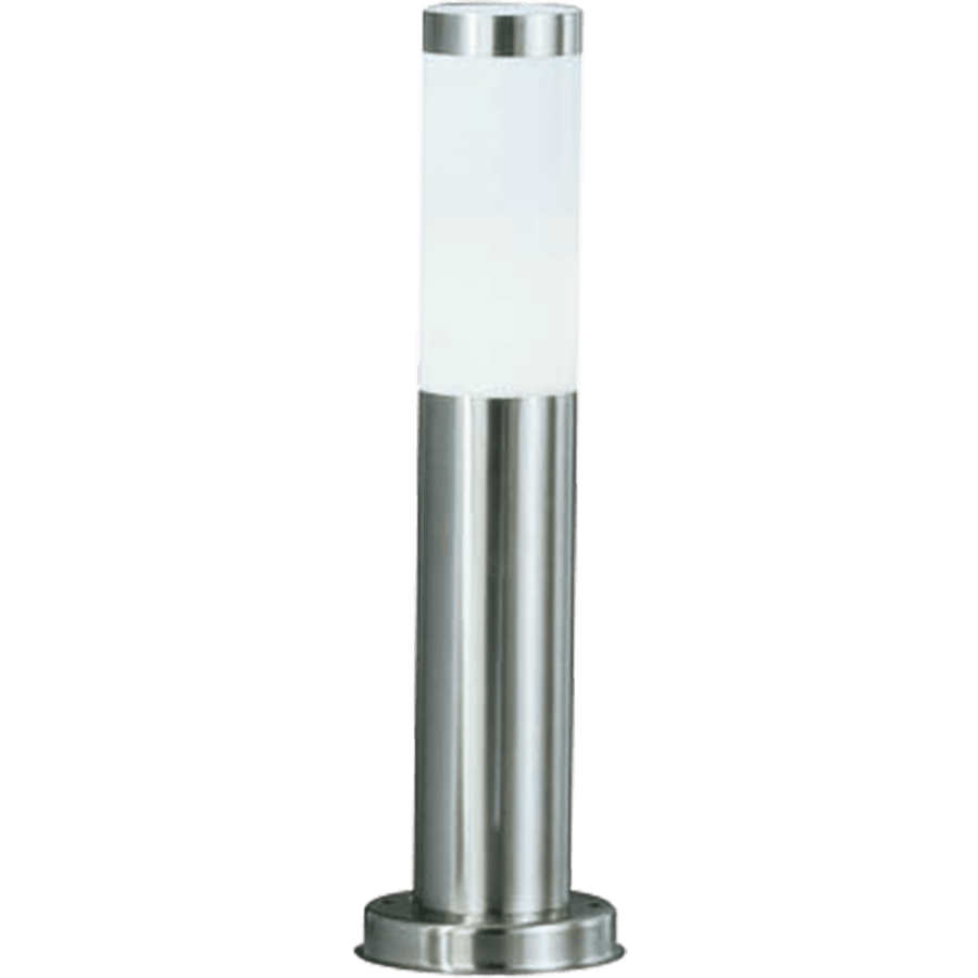 Lampadaire colonne inox éteint, vu de face sur fond blanc uni