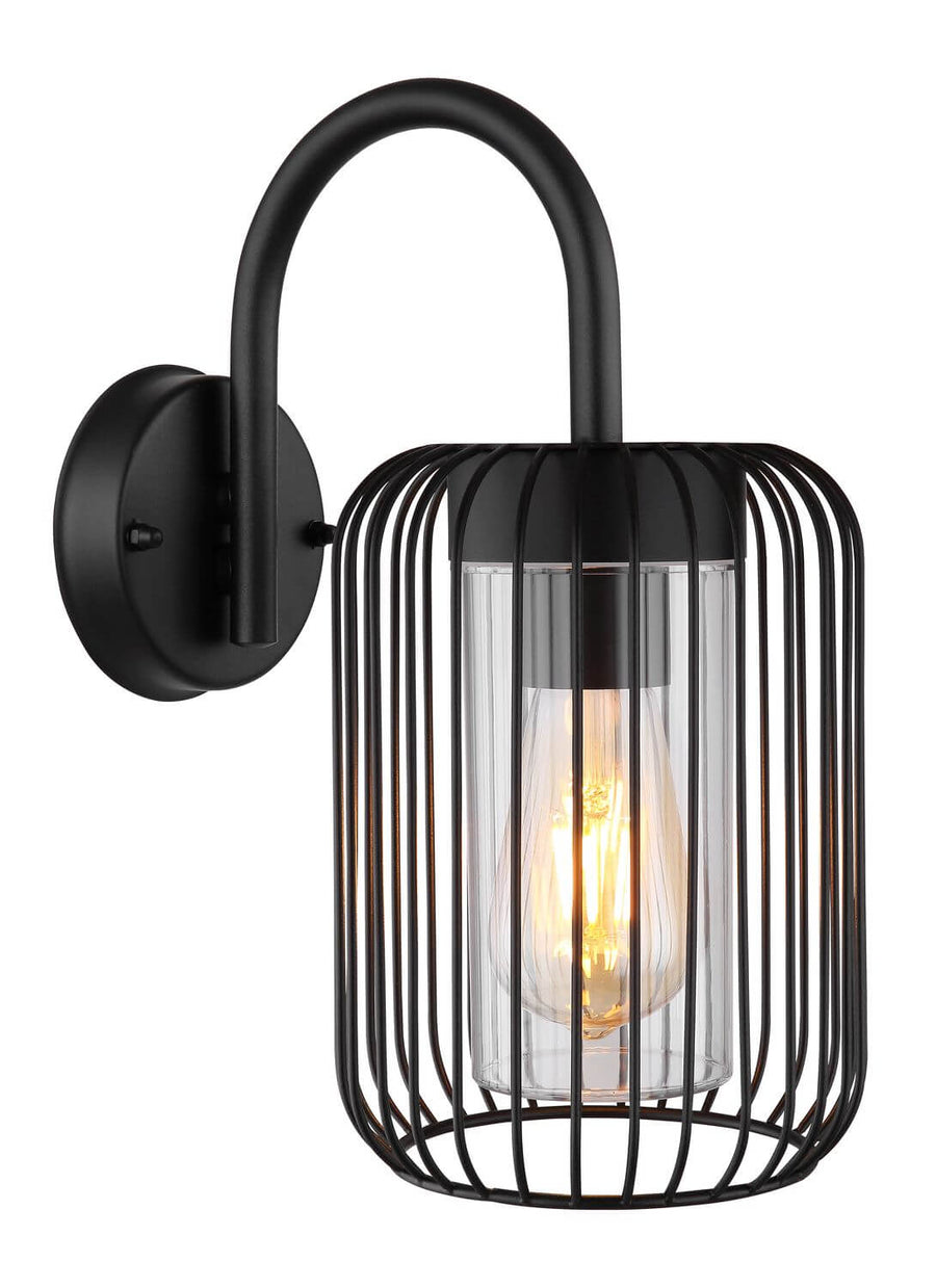 Vue rapprochée du luminaire mural noir, cage métallique et verre transparent.
