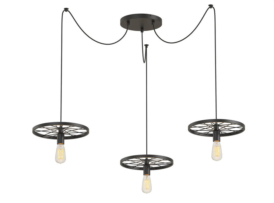 Vue de face du luminaire suspendu noir, câbles textiles et trois cercles métalliques croisés