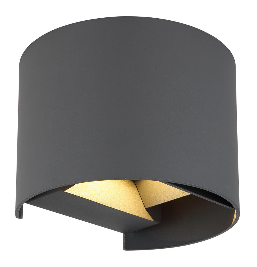 Vue de face du luminaire mural cylindrique anthracite avec intérieur doré visible