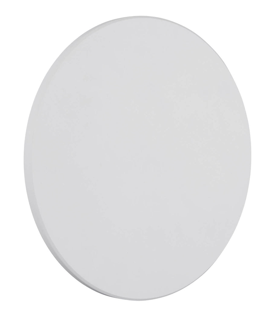 Vue de face du luminaire rond blanc mat, diffuseur opale uniforme sur fond blanc