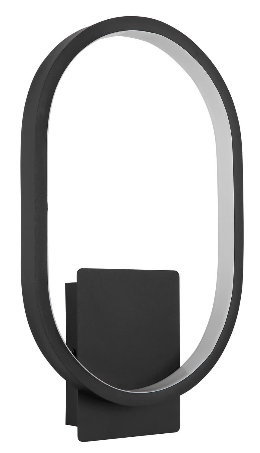 Vue rapprochée du luminaire mural ovale noir, éteint, sur fond blanc