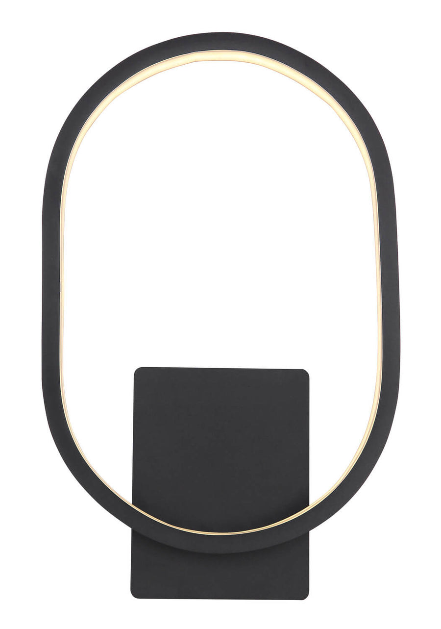 Vue de face du luminaire mural ovale noir mat avec bandeau LED allumé sur fond blanc