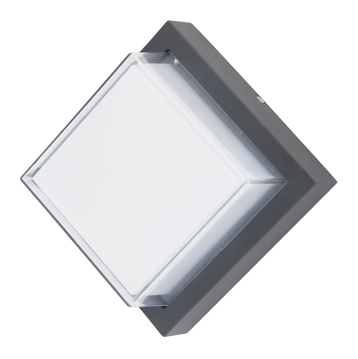 Luminaire éteint vu de face avec diffuseur blanc translucide et cadre gris