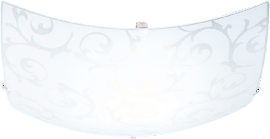 Détail rapproché du verre dépoli blanc orné de volutes végétales et fixations métalliques