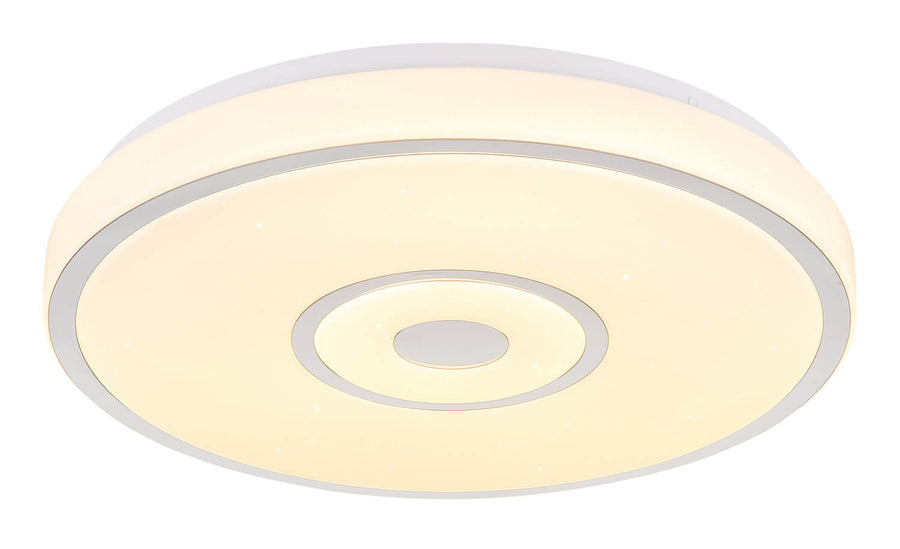 Vue rapprochée en angle du plafonnier rond blanc allumé