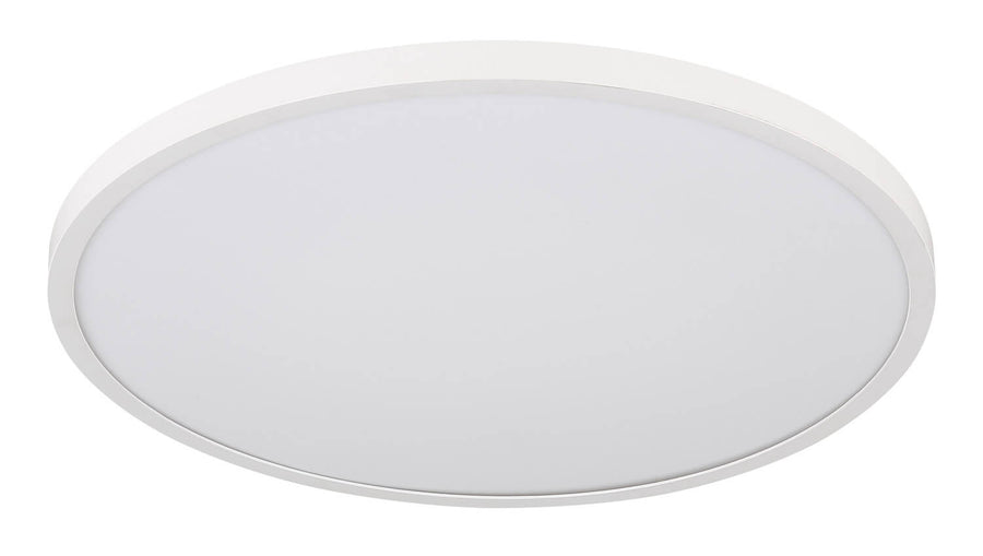 Plafonnier éteint vu de dessous, diffuseur opale et collerette fine blanche