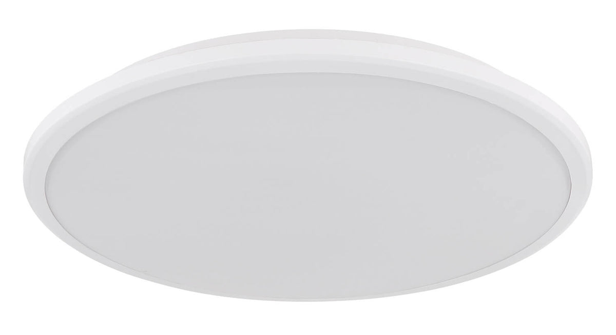 Plafonnier rond blanc éteint, diffuseur opale vu de dessous