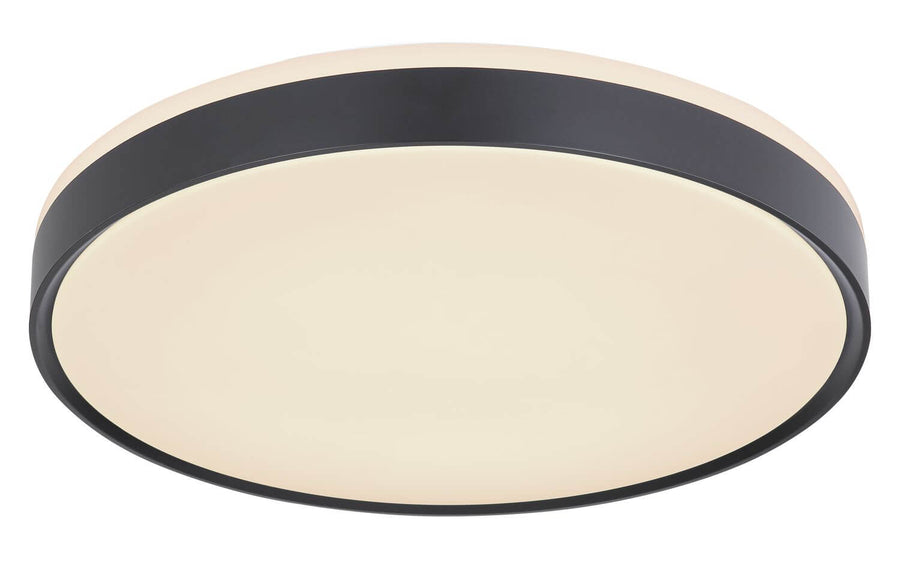 Vue rapprochée du plafonnier rond, dessous opalin et bordure métallique foncée