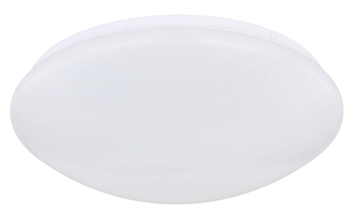 Plafonnier éteint vu de face, diffuseur blanc mat et cerclage fin