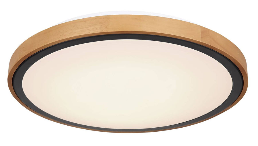 Vue de face du luminaire, anneau bois naturel, liseré noir et vasque lumineuse