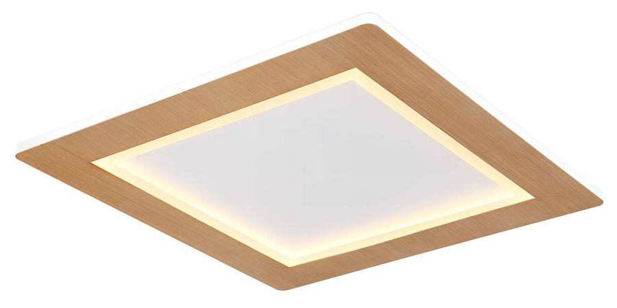 Détail du cadre en bois et du bandeau lumineux LED du plafonnier carré