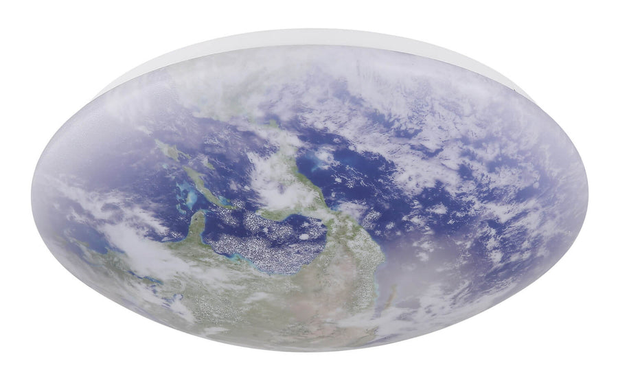 Plafonnier éteint, globe ovale illustrant une planète bleue et verte