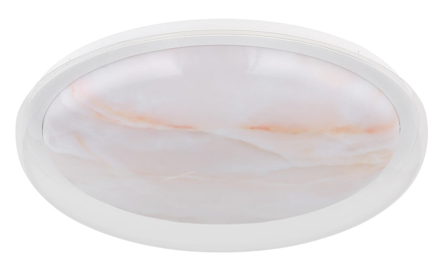 Plafonnier blanc éteint vu de trois quarts, diffuseur effet marbre veiné