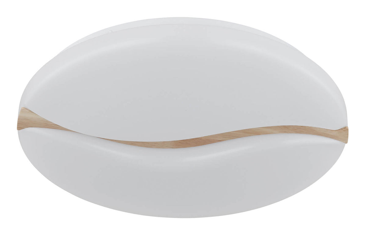Produit éteint vu de trois quarts, capot blanc mat et éclat de bois naturel