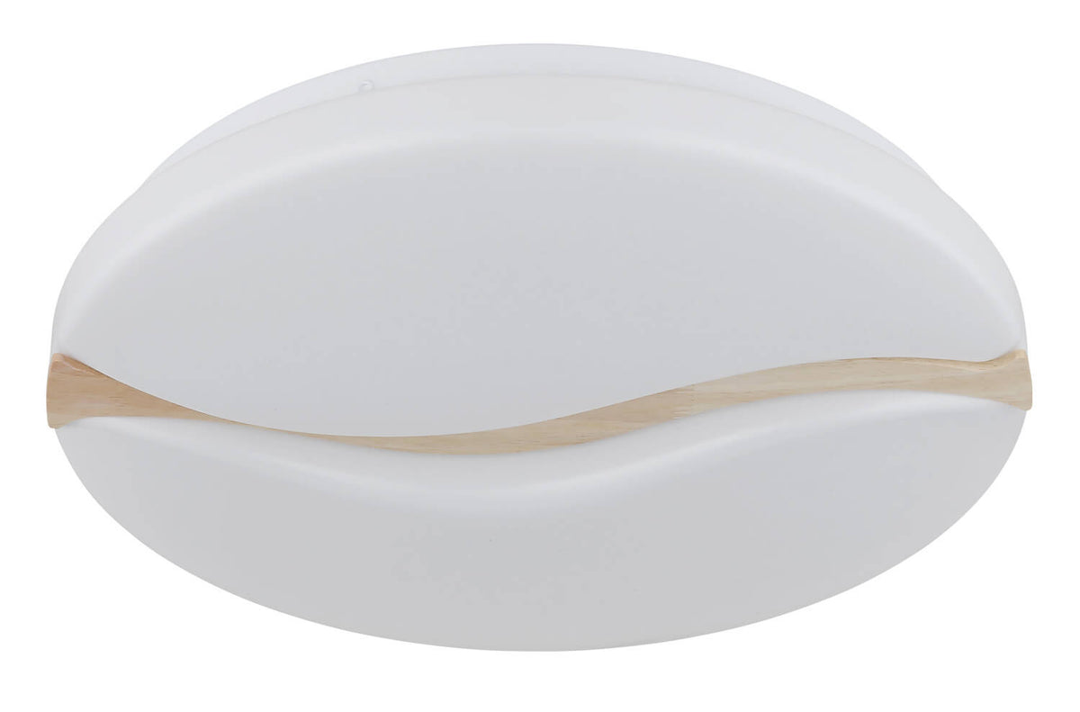 Plafonnier blanc éteint, vu de face, avec sa bande en bois brut contrastante.