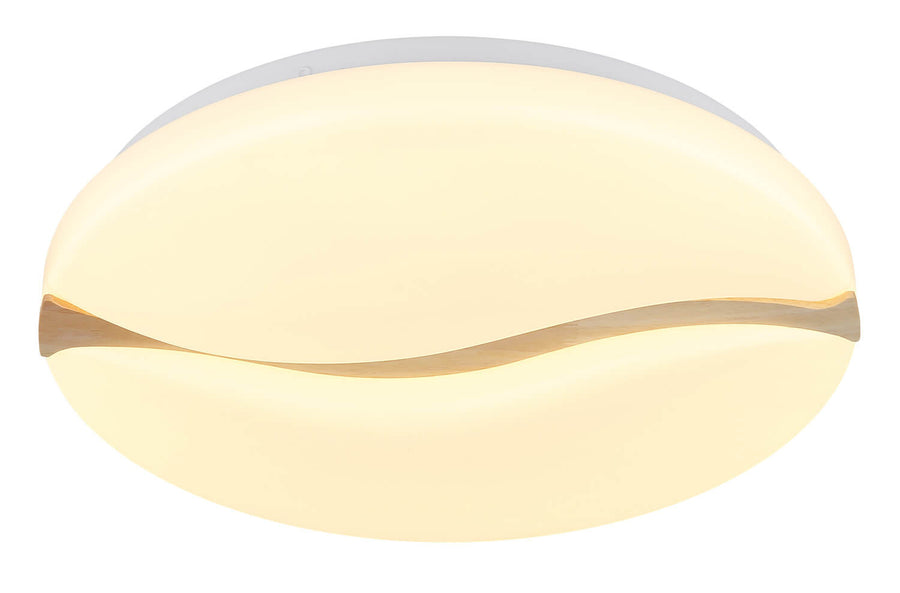 Plafonnier allumé diffusant une lumière chaude, face avant, bande en bois visible.