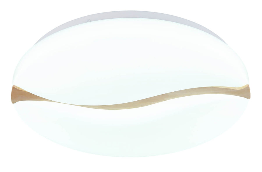 Plafonnier allumé en lumière blanche, vue de face, motif ondulé en bois.