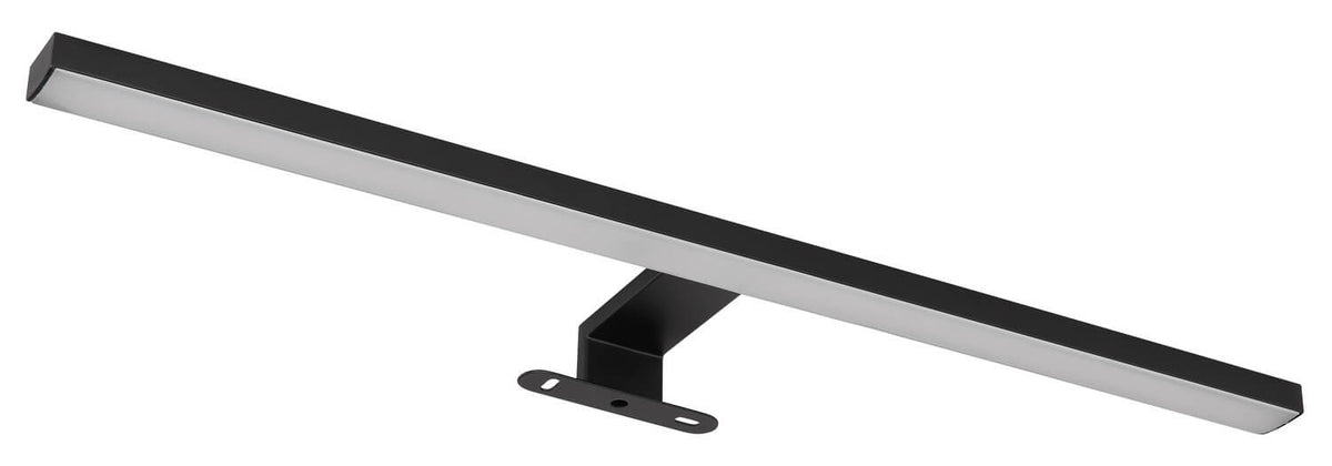 Vue de trois quarts du luminaire noir avec long diffuseur rectangulaire éclairé