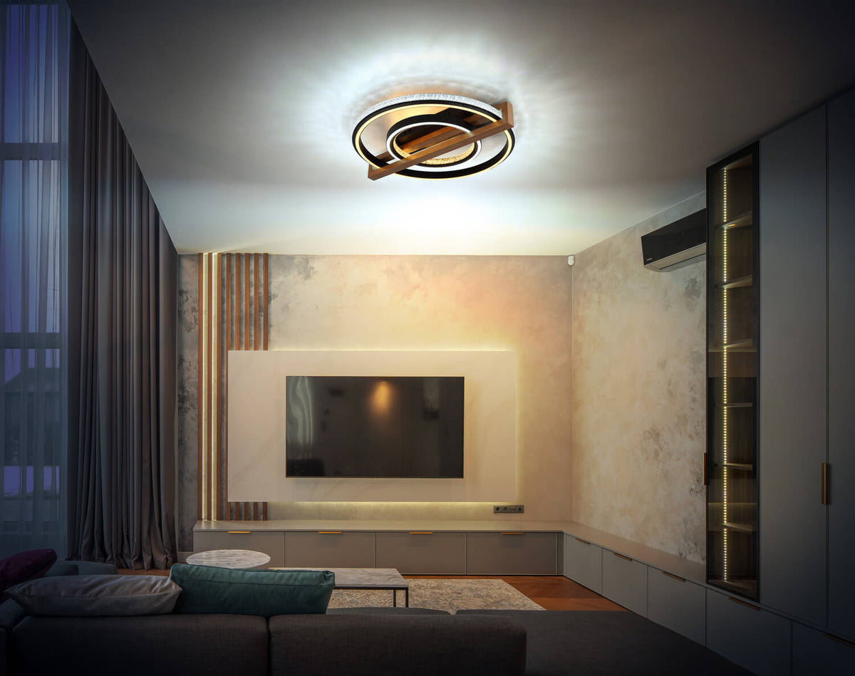 Mise en ambiance du luminaire allumé au plafond d'un salon moderne