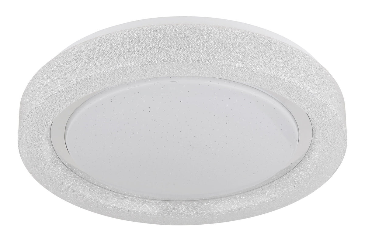 Vue de trois-quarts du luminaire éteint montrant son épaisseur et sa bordure granuleuse.