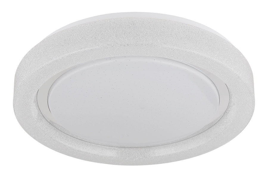 Vue de trois-quarts du luminaire éteint montrant son épaisseur et sa bordure granuleuse.