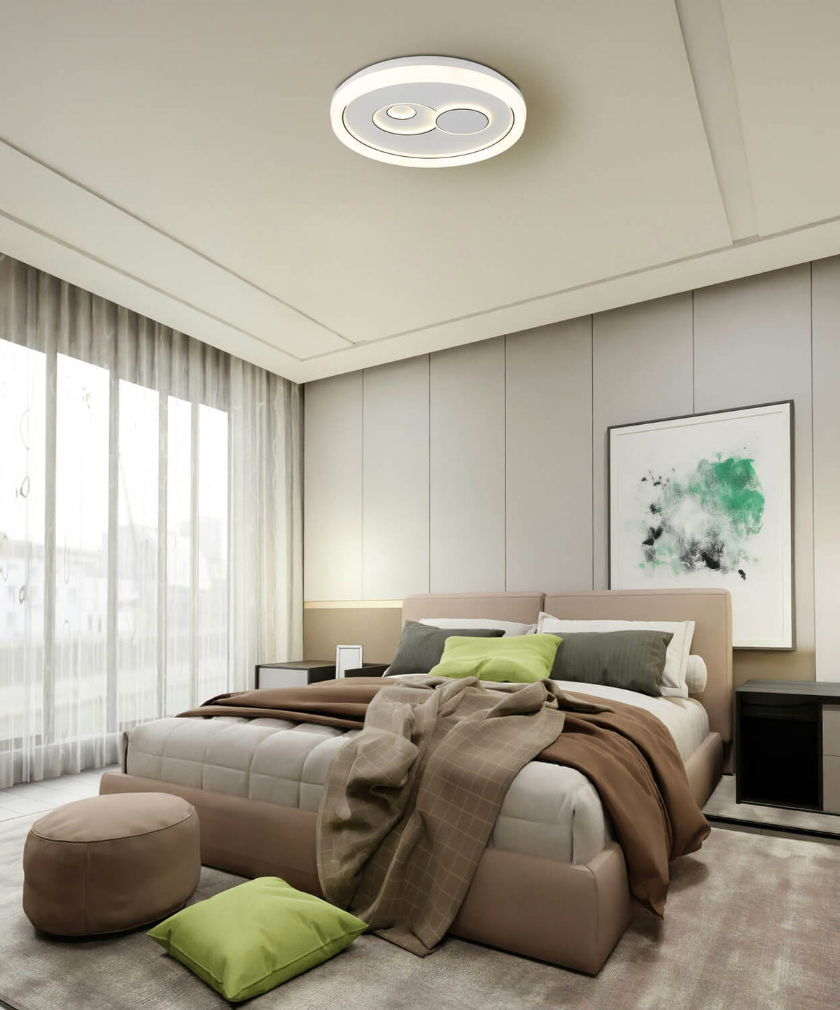 Mise en ambiance du plafonnier allumé au plafond d'une chambre moderne