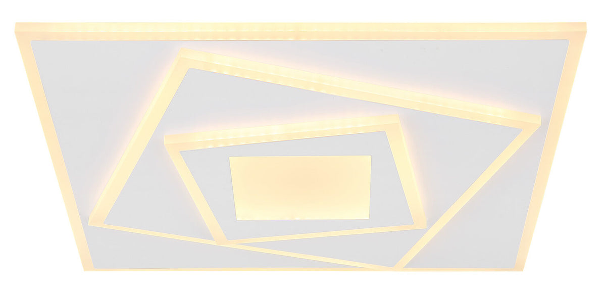 Détail rapproché des carrés concentriques lumineux du plafonnier vu de face
