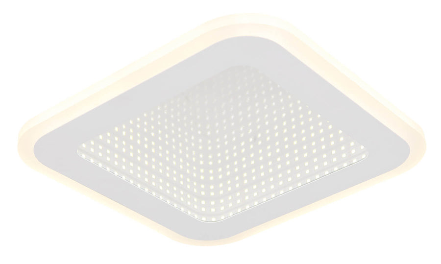 Vue en perspective du luminaire éclairé montrant le diffuseur central perforé de points lumineux