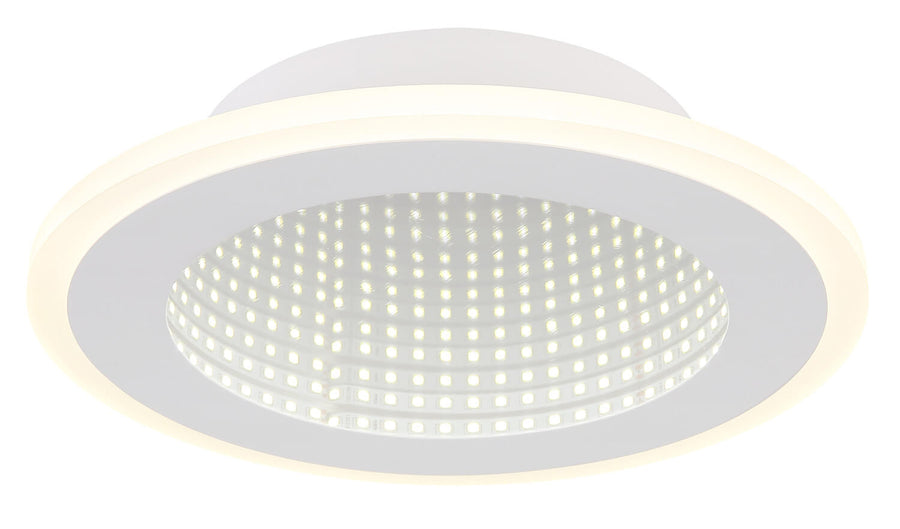 Gros plan du plafonnier allumé, détail des LED et du bandeau lumineux