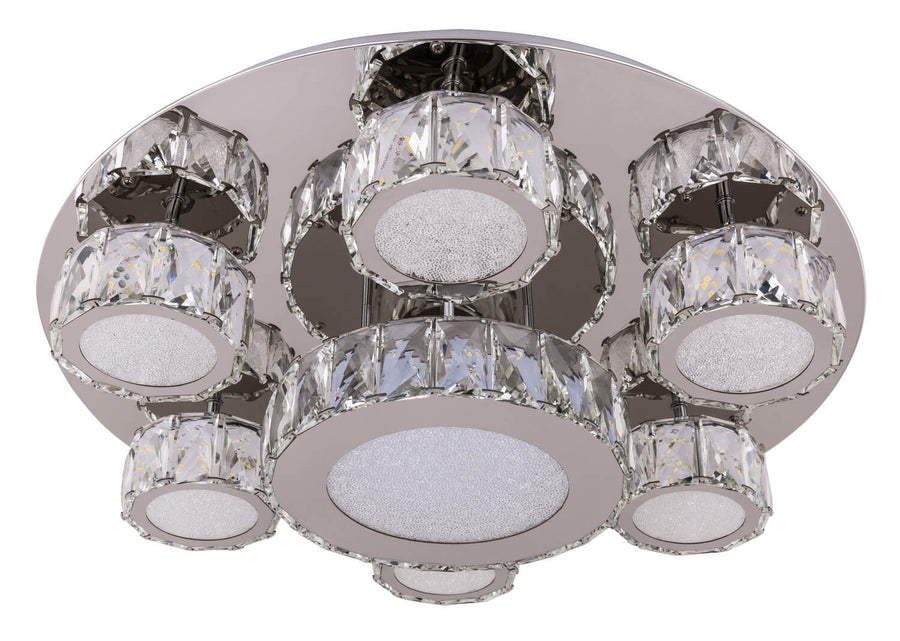 Détail des diffuseurs LED granulés entourés de cabochons de cristal transparents