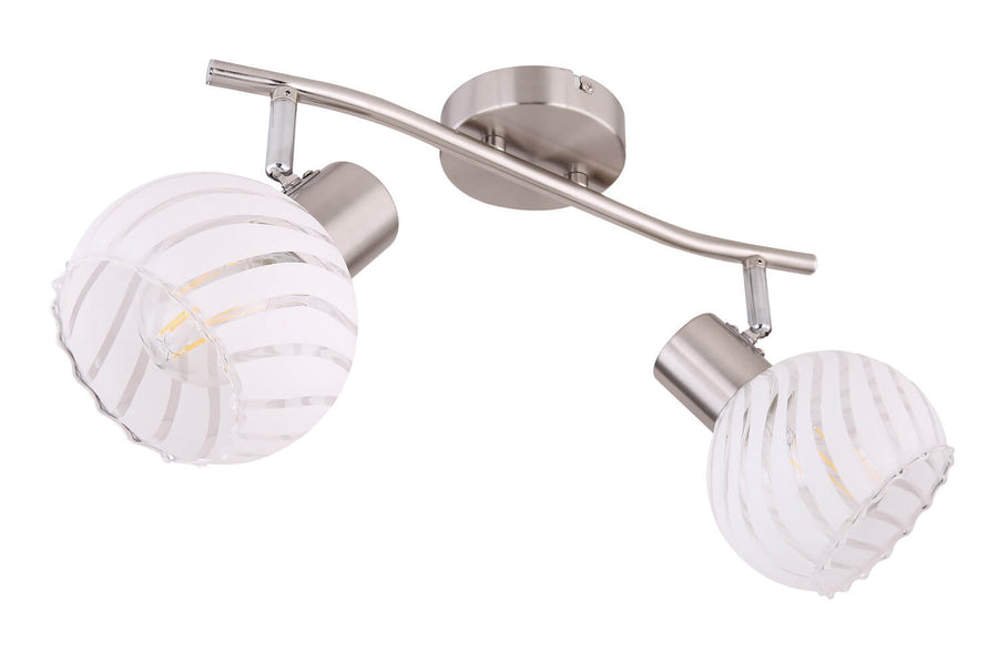 Vue de face du luminaire double, montrant les deux globes en verre et le support métallique.