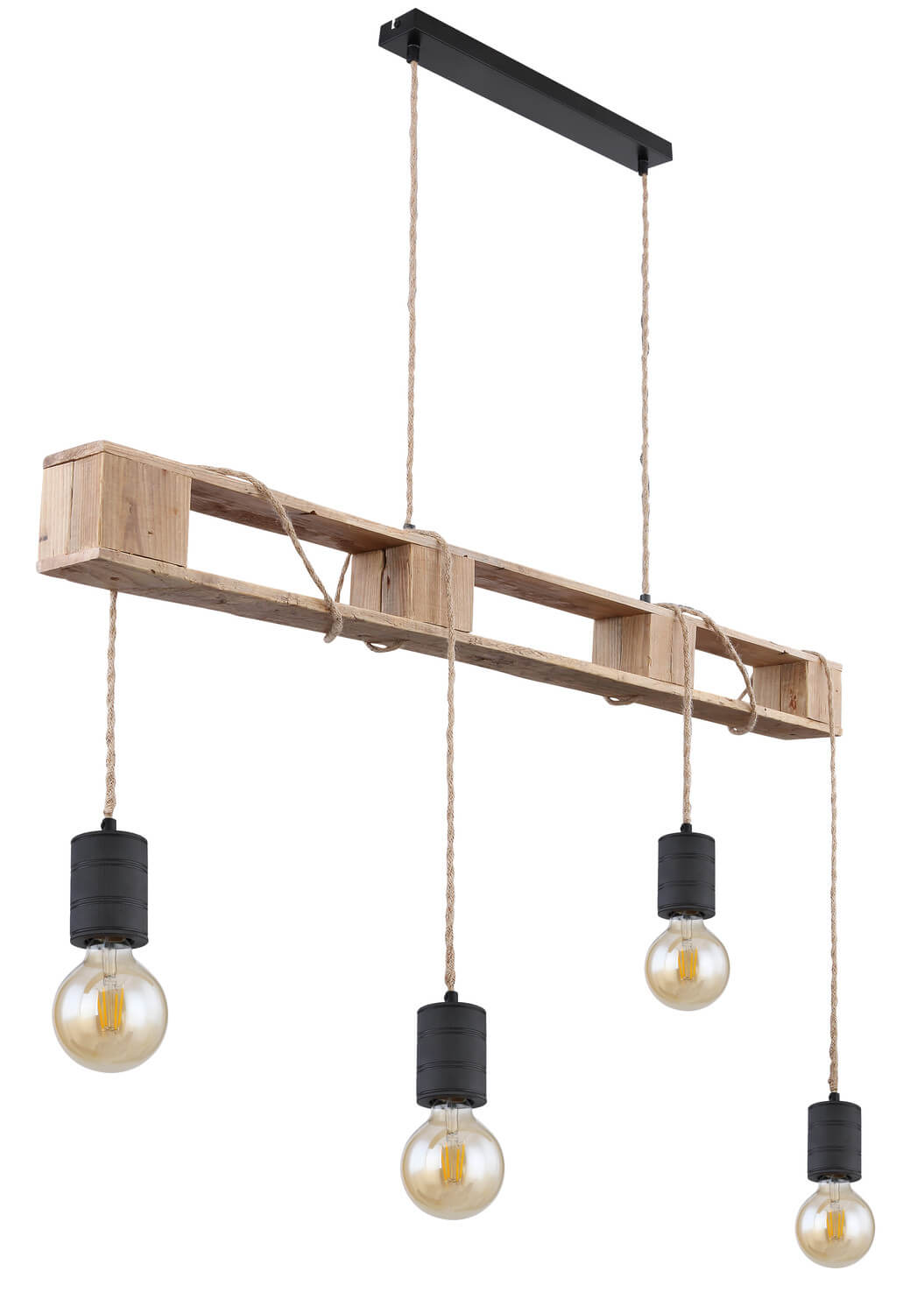 Luminaire suspendu présenté de profil avec ses quatre douilles noires et ampoules