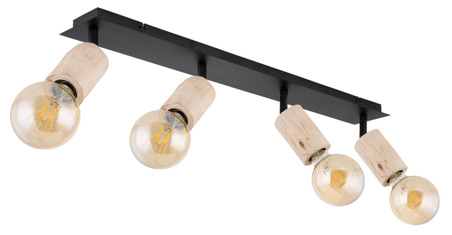 Produit sous autre angle, barre rectangulaire noire et cylindres en bois brut