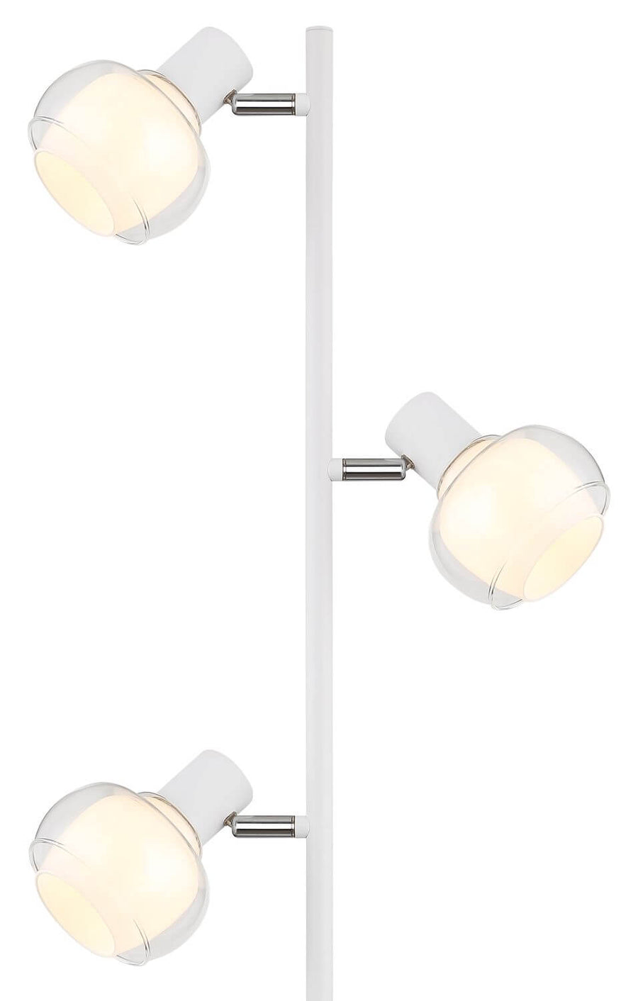 Détail des trois globes en verre transparent et blanc mat, fixés sur bras orientables.