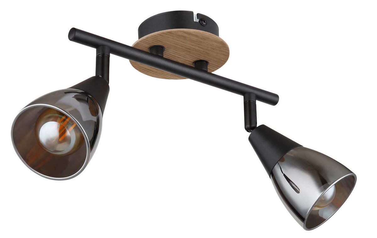 Vue rapprochée du luminaire noir et bois, mettant en valeur les diffuseurs fumés.