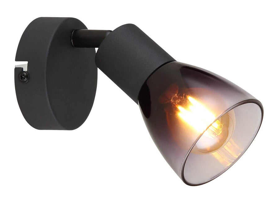 Détail rapproché du spot noir mat, rotule orientable, verre fumé et vis de fixation.