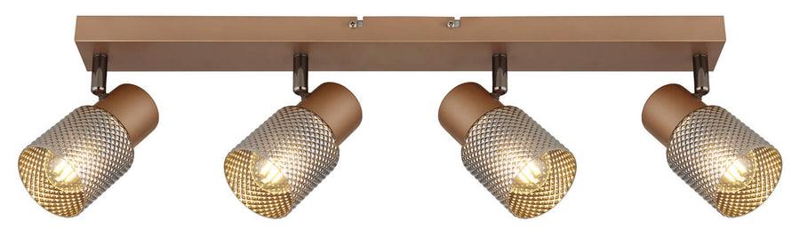 Vue frontale du luminaire allumé montrant les quatre spots et la barre rectangulaire marron.