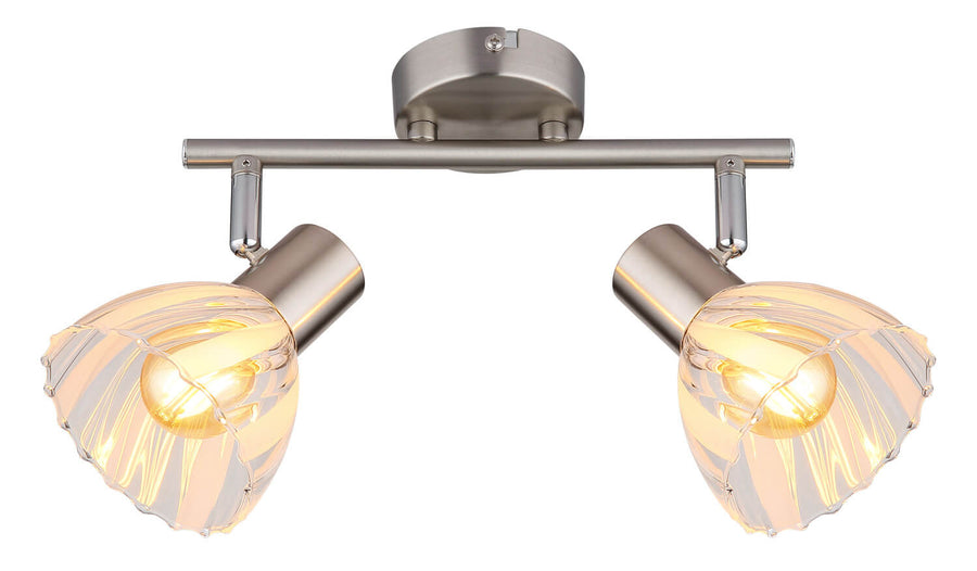 Vue frontale du luminaire double présentant les deux diffuseurs en verre allumés.