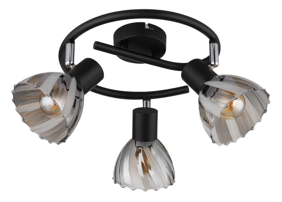 Luminaire éteint de trois quarts, verre fumé transparent et structure noire mate